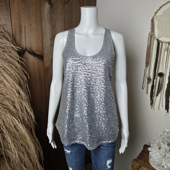 NWT GAP Silver Sequin Scoop Neck Dressy Tank Top - Picture 3 of 12